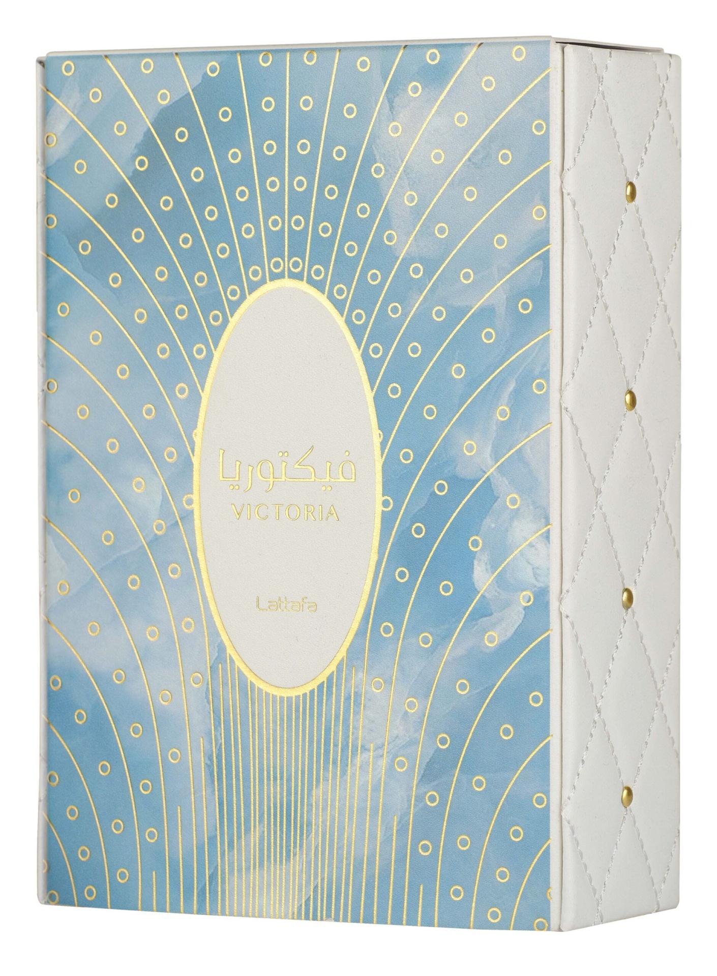 Caixa de perfume azul claro e branco com detalhes dourados e texto VICTORIA