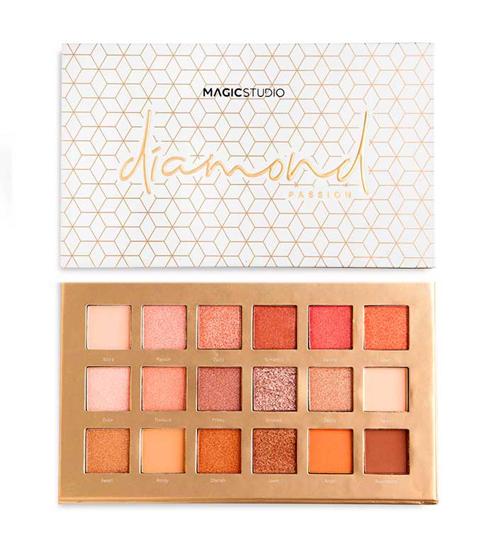 Paleta de sombras MAGIC STUDIO diamond PASSION com 18 cores, embalagem branca com padrão geométrico dourado