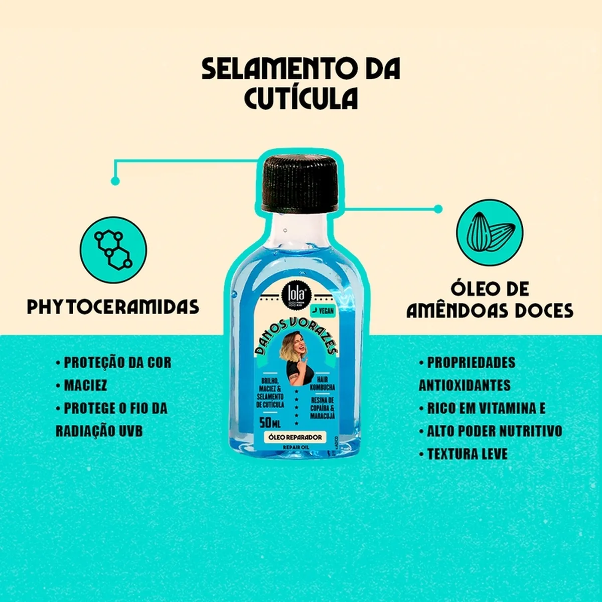 Frasco pequeno de óleo reparador para cabelo com rótulo azul e tampa preta