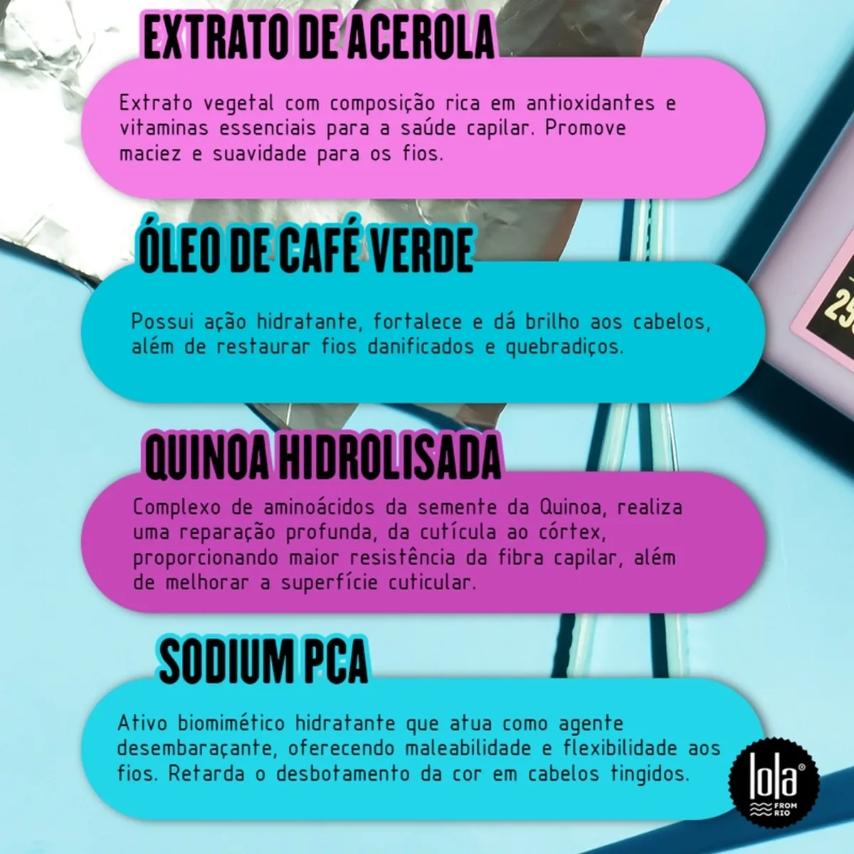 Listagem colorida de ingredientes e benefícios de produtos capilares da Lola Cosmetics