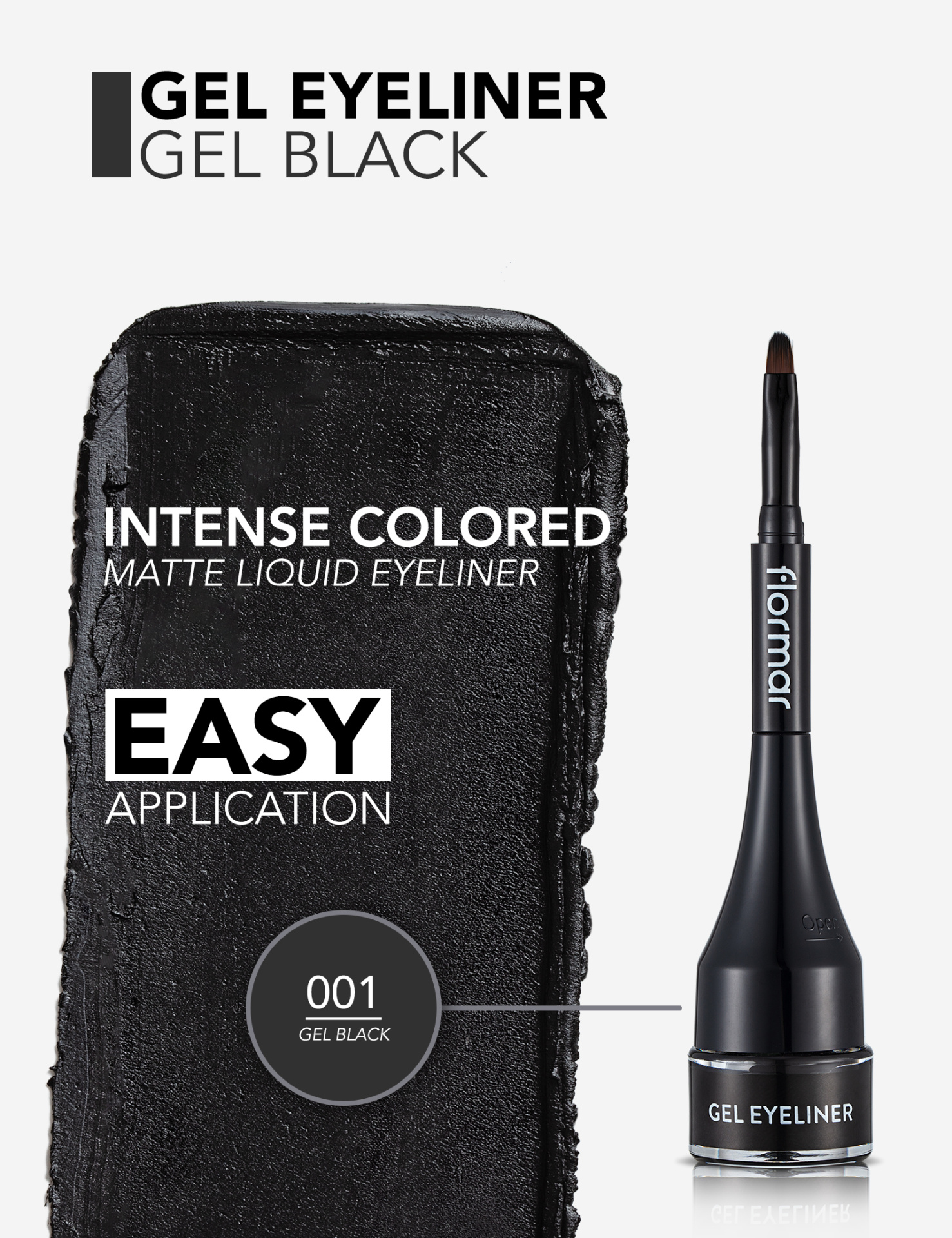 Gel eyeliner preto matte com aplicador de pincel fino ao lado de uma área de gel preto com texto explicativo
