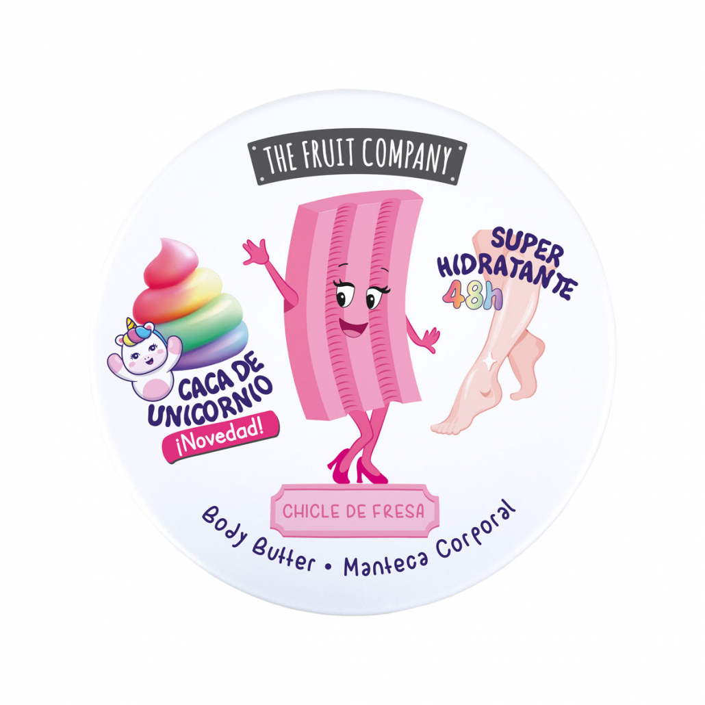 Embalagem redonda branca de manteiga corporal com ilustrações de tira rosa e unicórnio colorido e textos em português