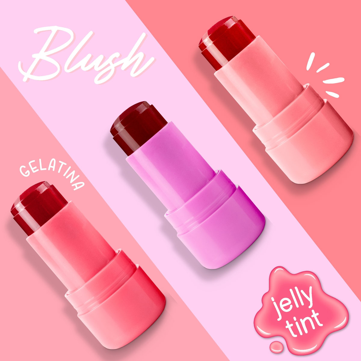 Três batonetes blush em embalagens rosas e lilás com bálsamo vermelho, texto 'Blush', 'GELATINA' e 'jelly tint' ao fundo.
