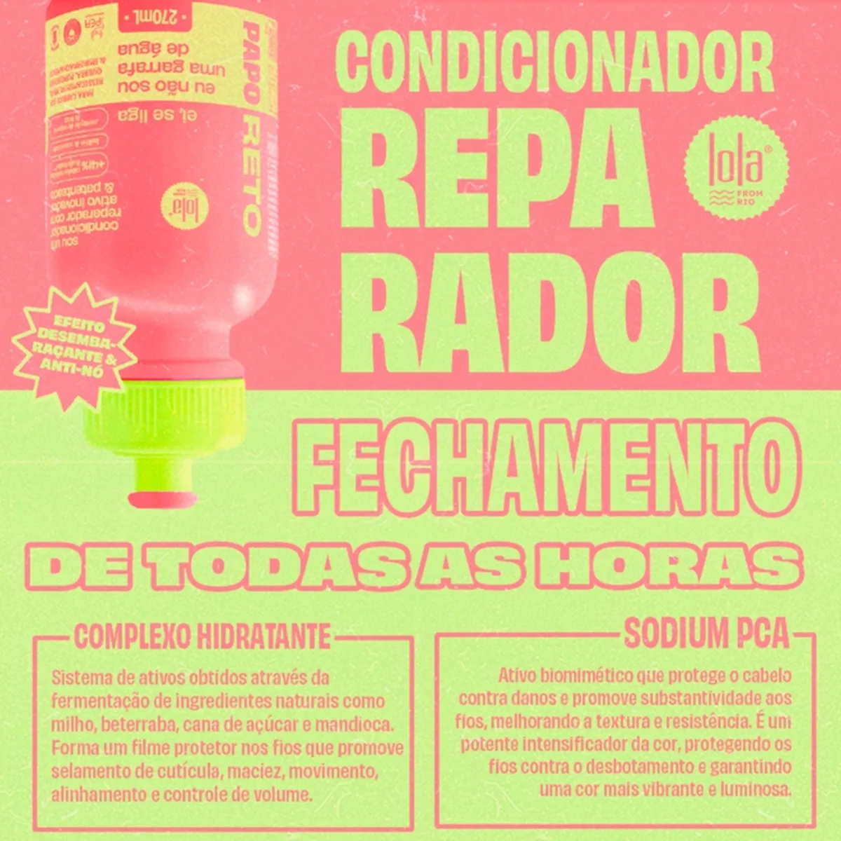 Frasco rosa de condicionador reparador Lola com tampa verde e texto descritivo em fundo rosa claro