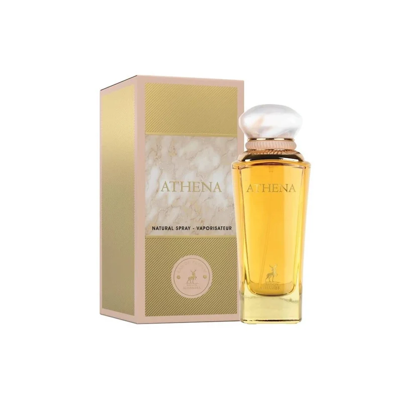Frasco de perfume ATHENA com embalagem dourada e bege