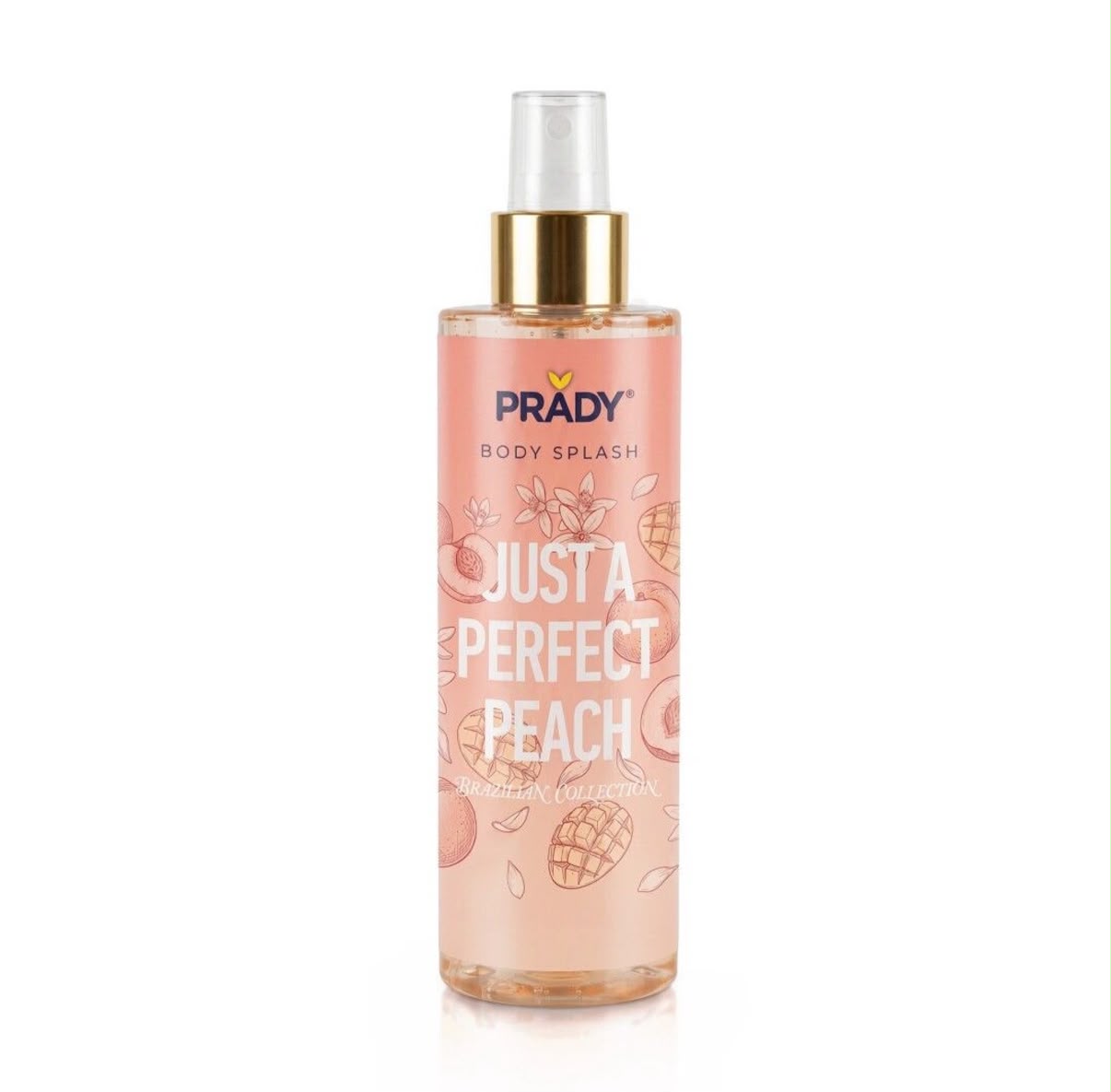 Frasco de spray corpo PRADY cor-de-rosa com ilustração de pêssegos
