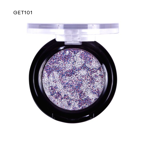 Sombra de olhos glitter prata e roxo em embalagem redonda preta com tampa transparente