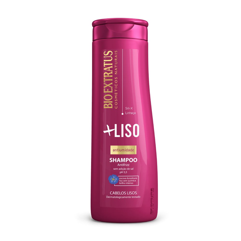 Frasco rosa de shampoo Bio Extratus Antiumidade para cabelos lisos