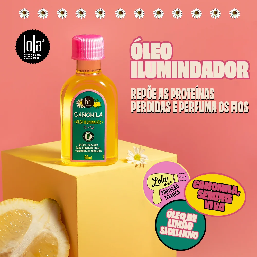Frasco de óleo iluminador Lola com tampa rosa e rótulo verde sobre suporte amarelo