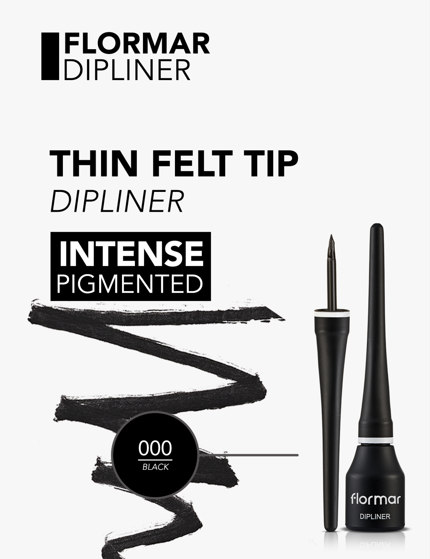 Eyeliner preto Flormar Dipliner com ponta fina e embalagem preta fosca