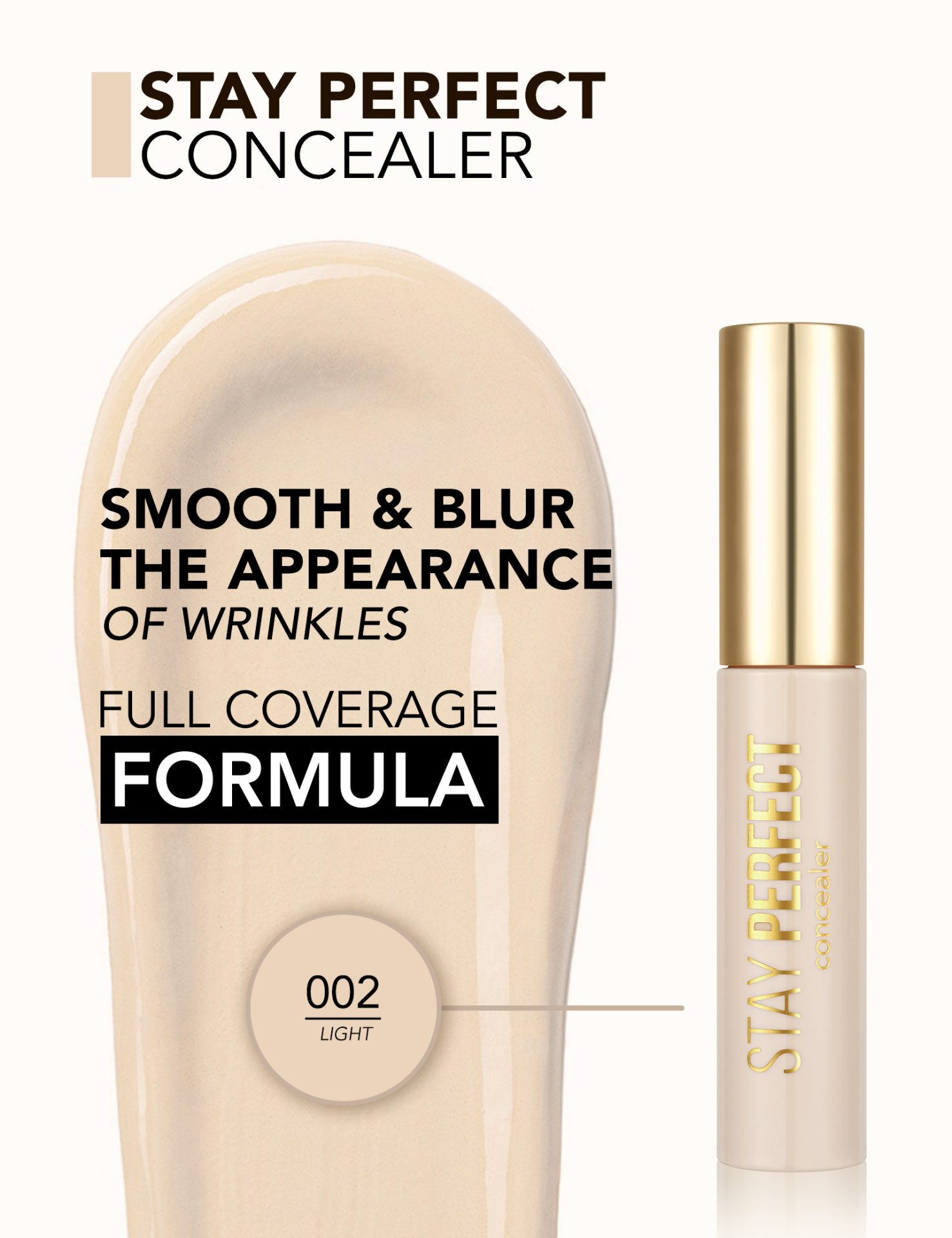 Concealer líquido branco com tampa dourada e texto STAY PERFECT concealer em dourado