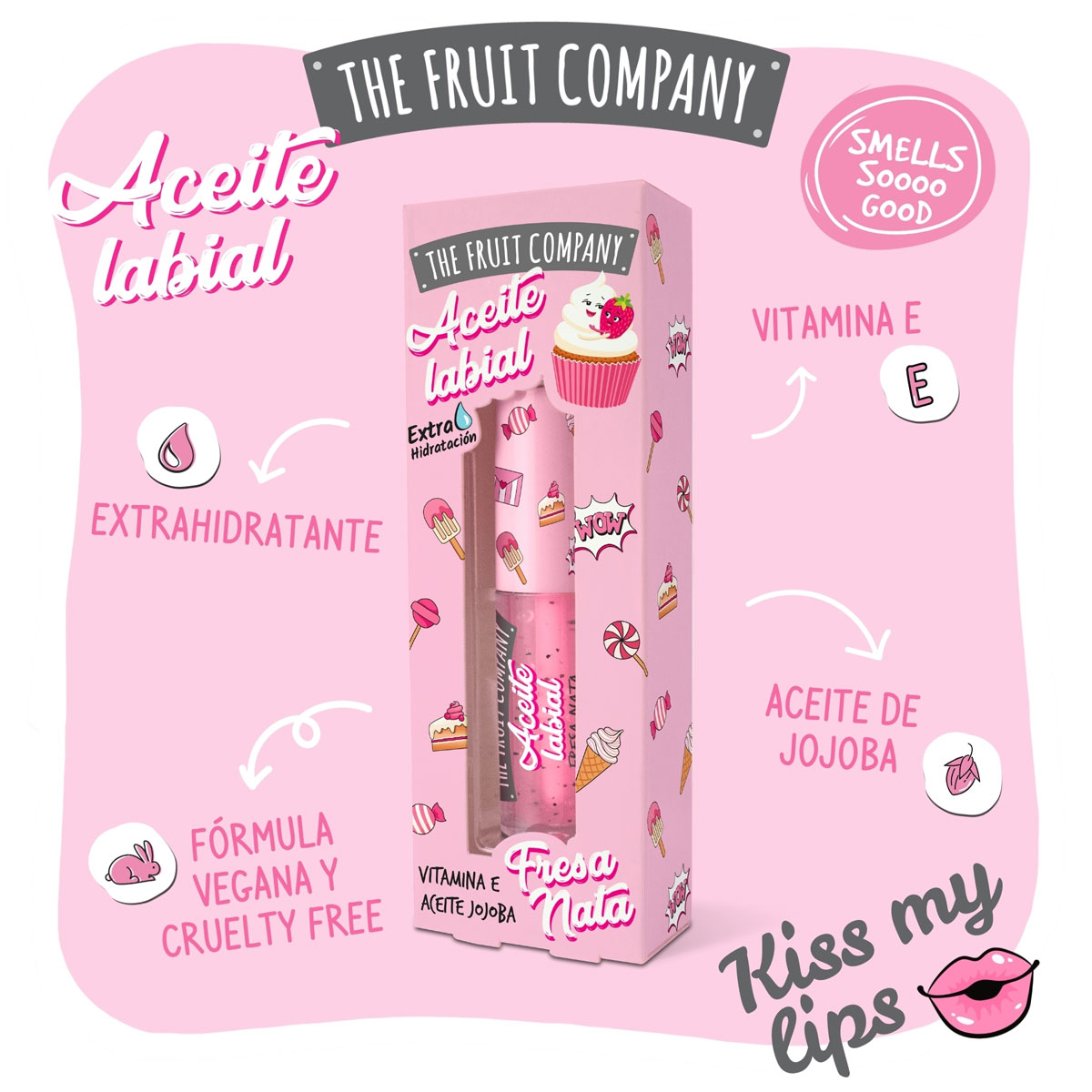 Embalagem rosa do aceite labial 'The Fruit Company' decorada com cupcakes e doces