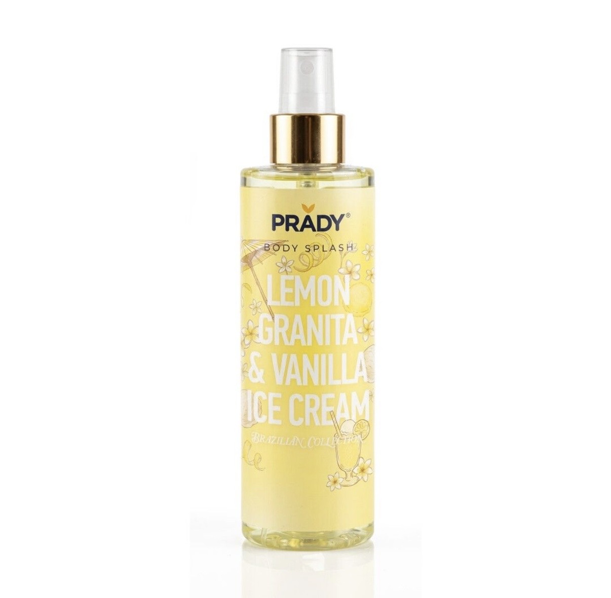 Frasco spray de body splash amarelo com texto e ilustrações brancas e douradas.