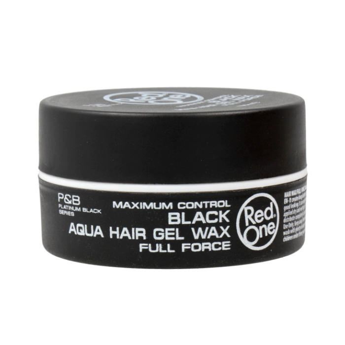 Pote preto de cera para cabelo com texto branco