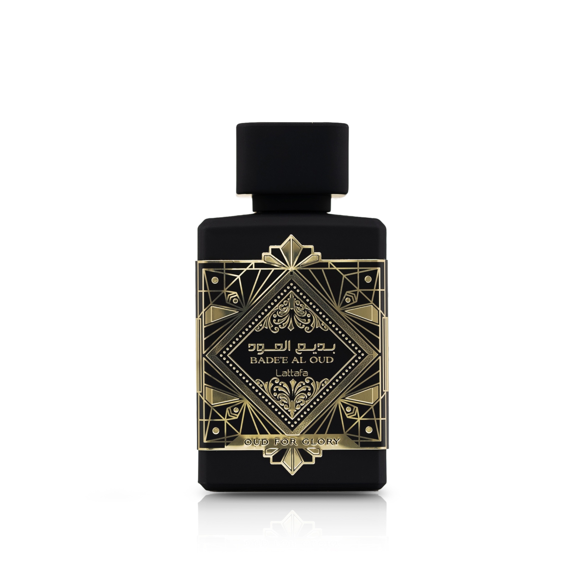 Frasco de perfume preto com rótulo dourado decorativo