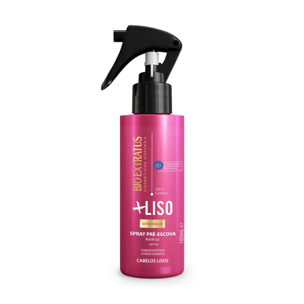 Frasco rosa metálico spray pré-escova Bioextratus 100ml para cabelos lisos