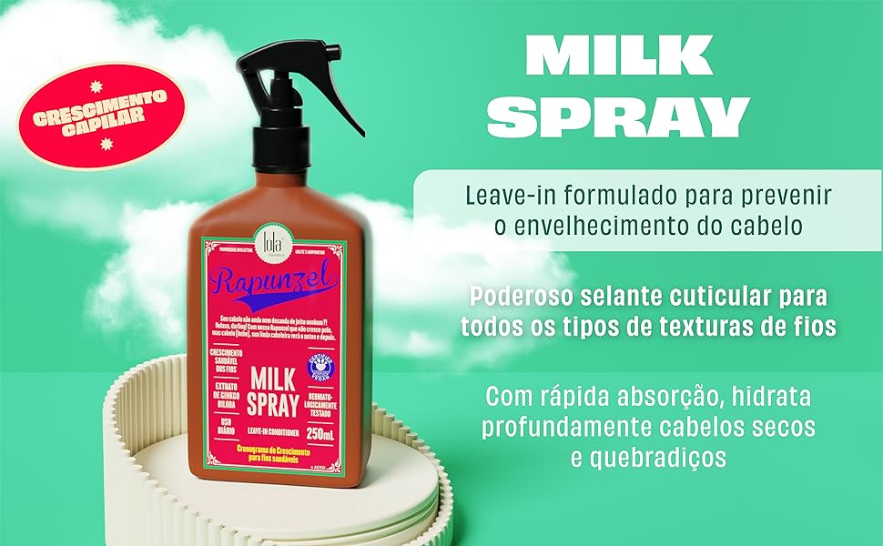Frasco de spray leave-in Milk Spray Ronazzal sobre suporte com fundo verde