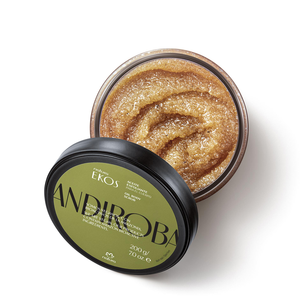 Exfoliante corporal EKOS ANDIROBA em embalagem redonda preta com tampa verde