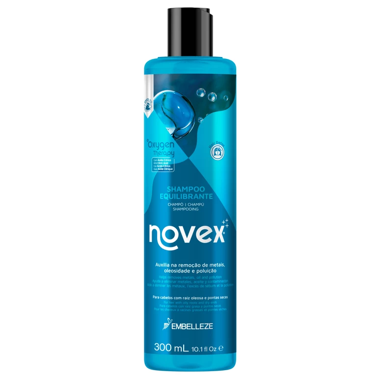 Frasco azul de shampoo Novex com tampa preta