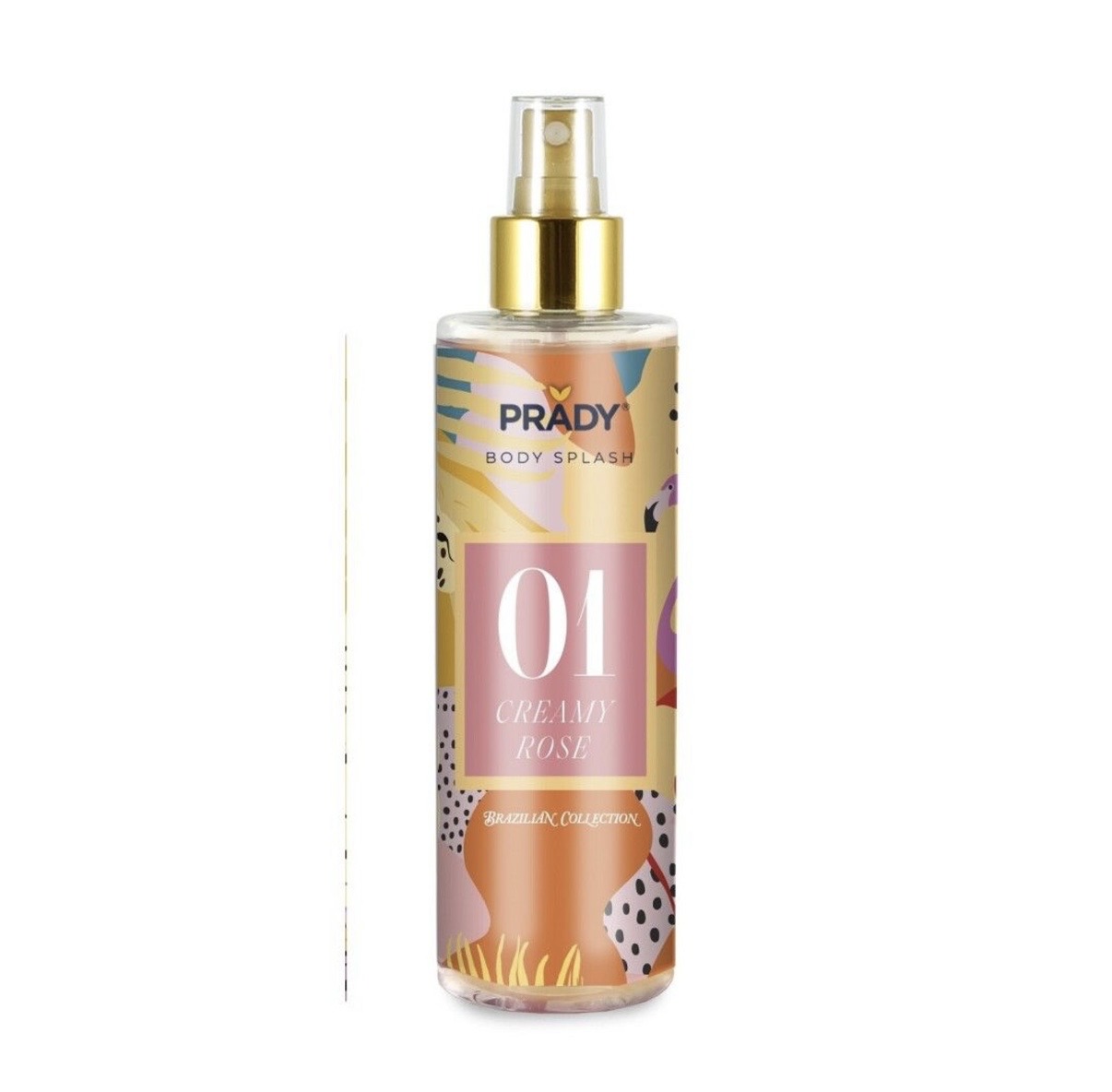 Frasco transparente com spray dourado e rótulo colorido de Body Splash PRADY