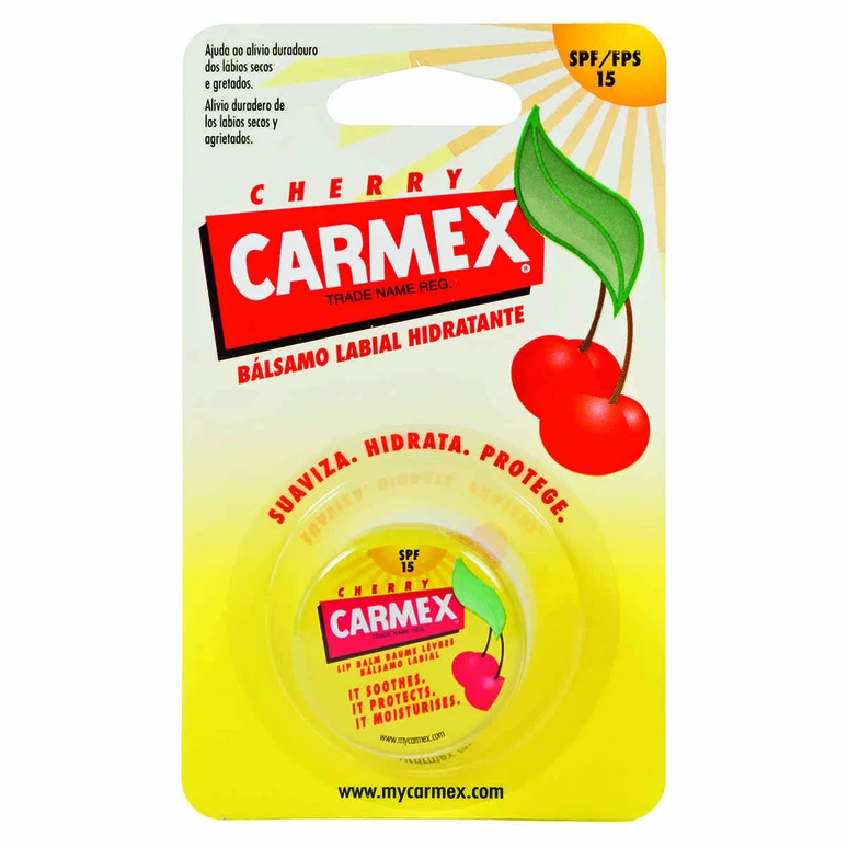 Embalagem de bálsamo labial hidratante Carmex cherry com cerejas e indicação FPS 15