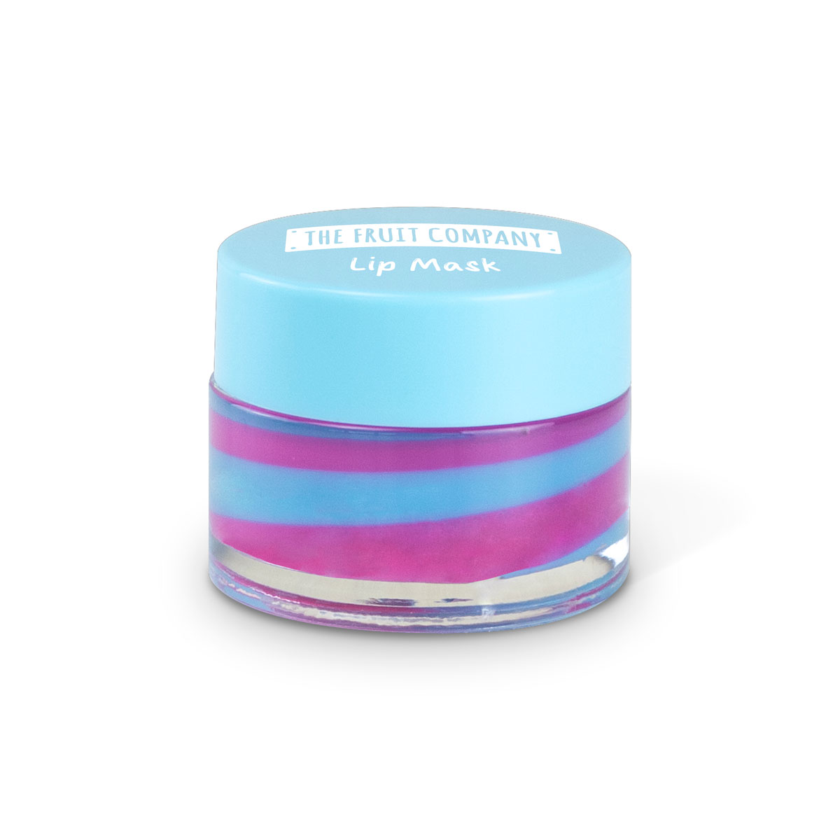 Frasco pequeno com tampa azul e camadas coloridas em roxo e rosa, com texto na tampa