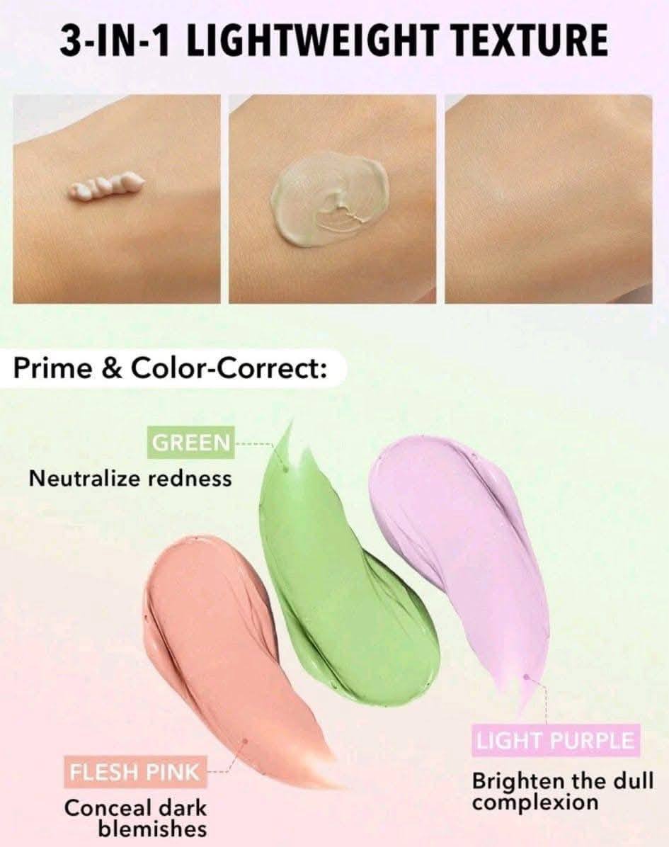 Cosméticos 3-em-1 para correção de cor em rosa pálido, verde e lilás claro para pele