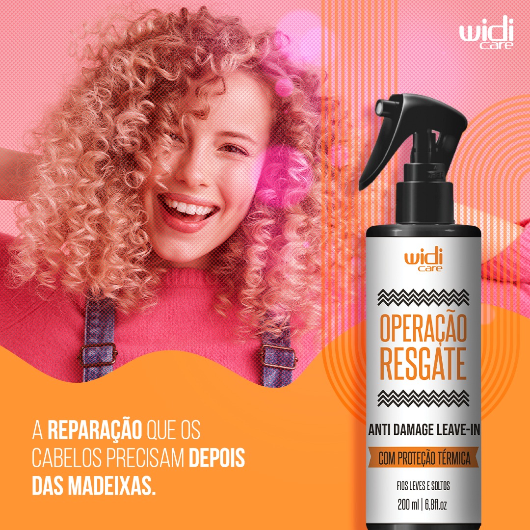 Spray antifrizz Widi Care Operação Resgate com mulher de cabelo cacheado ao fundo