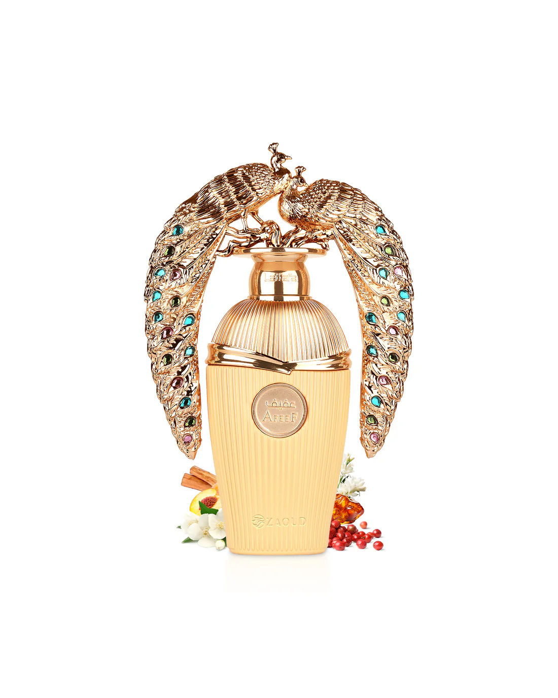 Frasco de perfume dourado com decoração de aves e flores