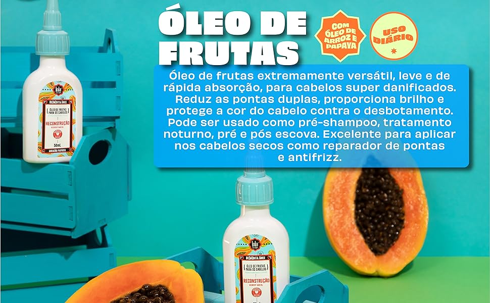 Frascos de óleo de frutas sobre caixa com imagem de papaya e pedaço de mamão papaya.