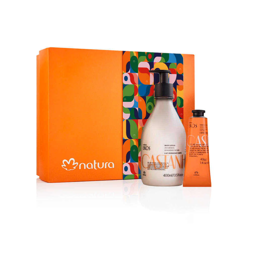 Conjunto de produtos Natura com embalagem laranja e frascos branco e laranja
