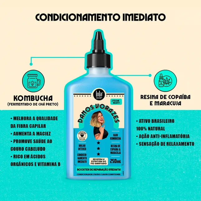 Frasco azul de condicionador capilar Lola Cosmetics com texto em português e imagens ilustrativas