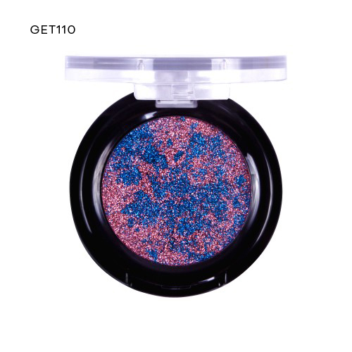 Sombra de olhos glitter azul e rosa em embalagem preta redonda