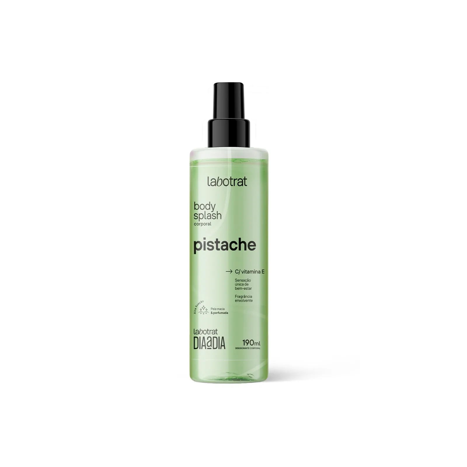 Frasco verde transparente de body splash corporal pistache com pulverizador preto.