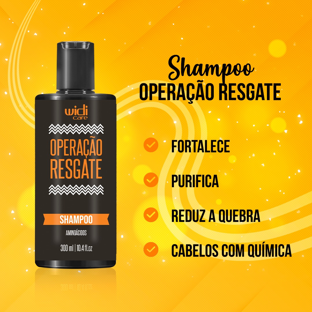 Frasco de shampoo preto com rótulo laranja e branco e texto promocional em fundo amarelo