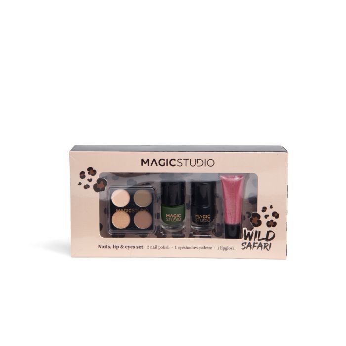 Conjunto de cosméticos Magic Studio Wild Safari com paleta de sombras, dois vernizes e gloss labial numa caixa bege com janela transparente.