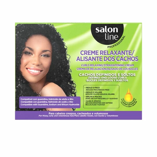 Embalagem de creme relaxante Alisante dos Cachos Salon Line com imagem de mulher cacheada