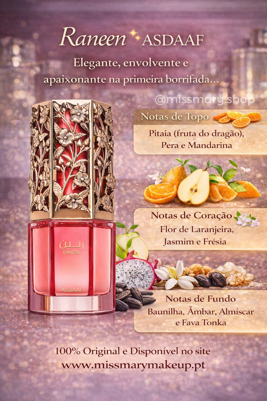 Frasco de perfume rosa com tampa dourada floral e detalhes das notas olfativas