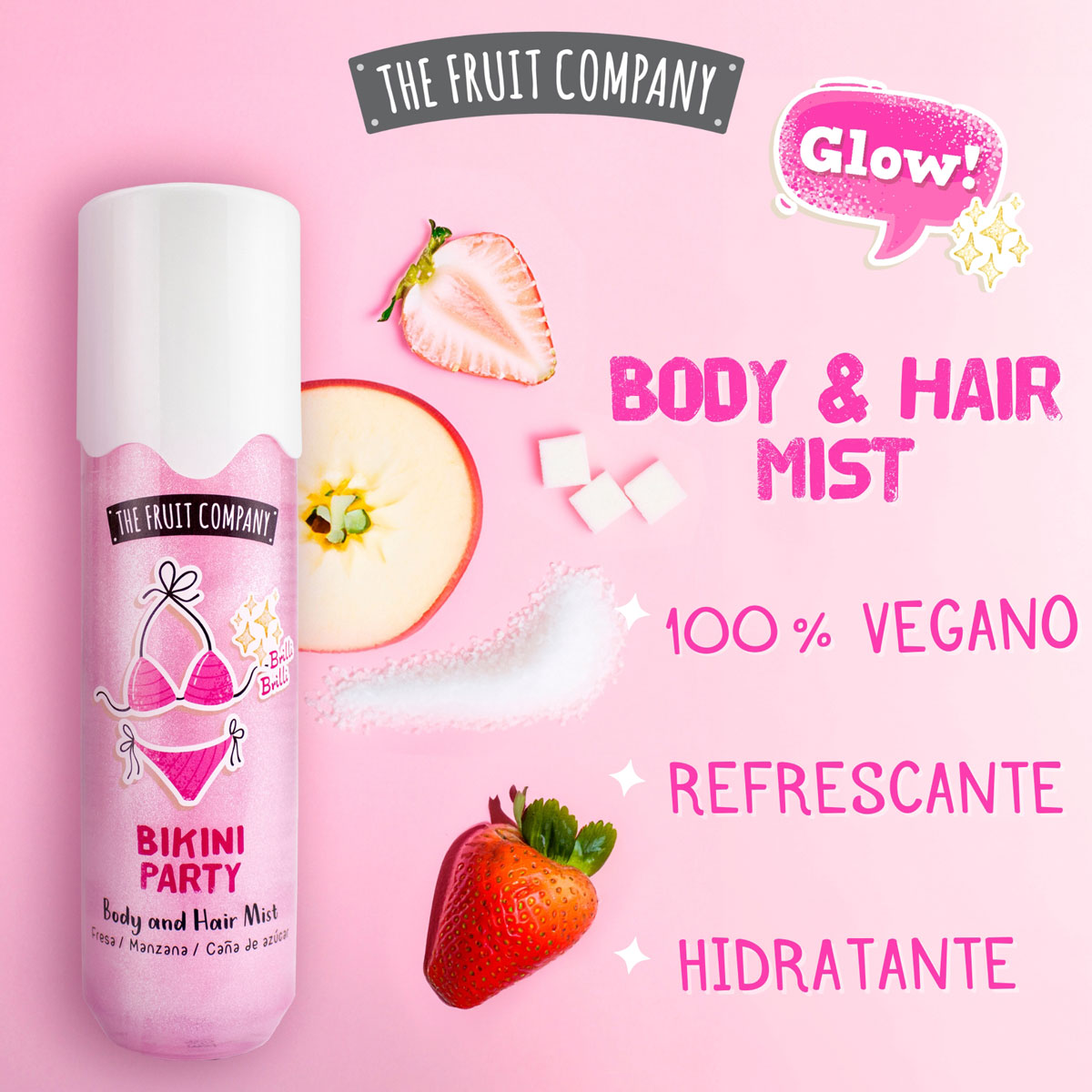 Frasco rosa de Body and Hair Mist com frutas e texto sobre fundo rosa