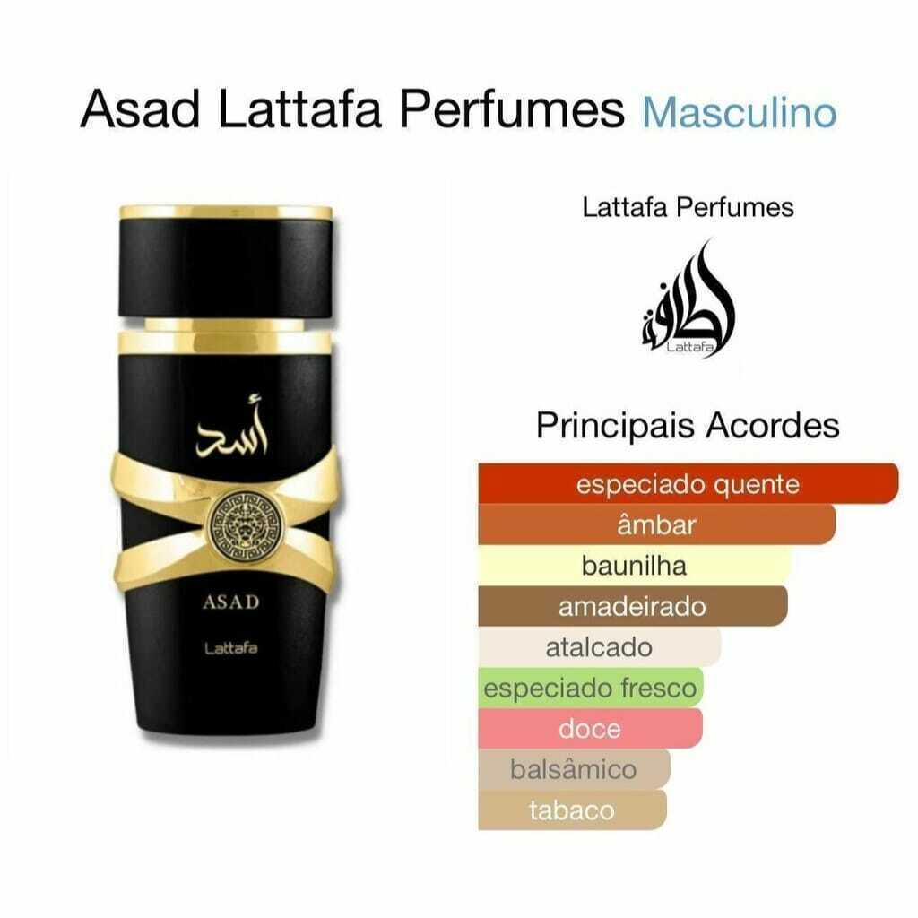 Frasco de perfume Asad Lattafa preto com detalhes dourados e texto sobre acordes olfativos.