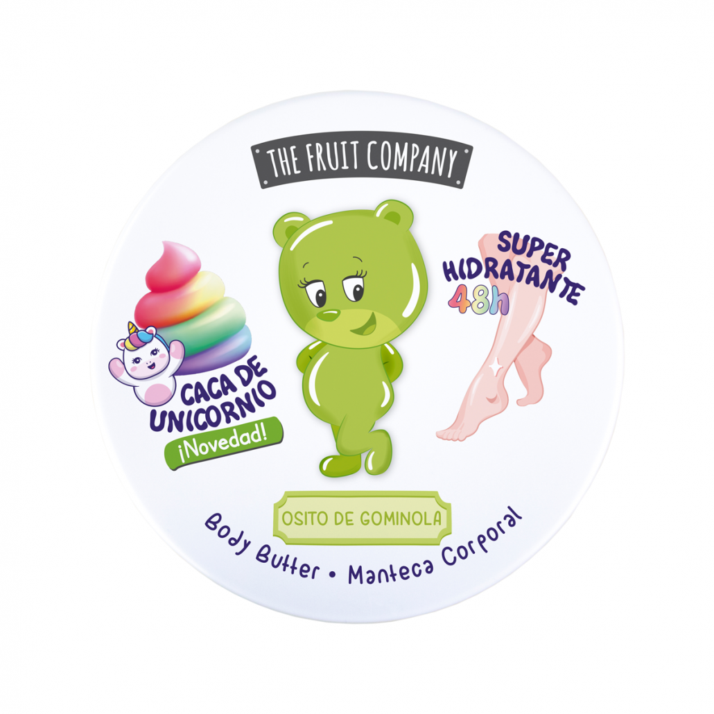 Embalagem redonda branca de manteiga corporal Osito de Gominola da The Fruit Company com ilustrações coloridas e texto em espanhol.