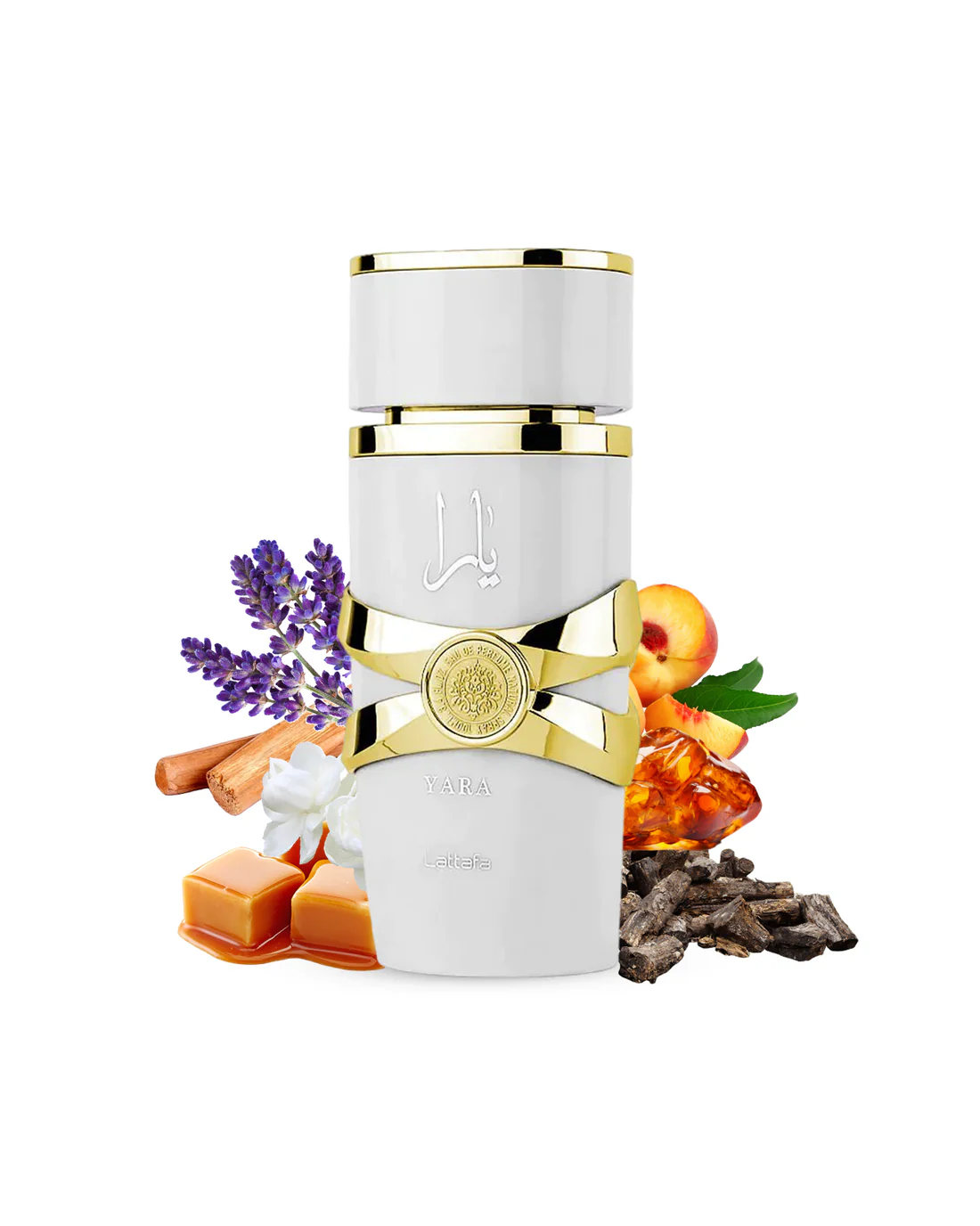 Frasco branco e dourado de perfume com lavanda, canela, caramelos, âmbar, pêssegos e madeira