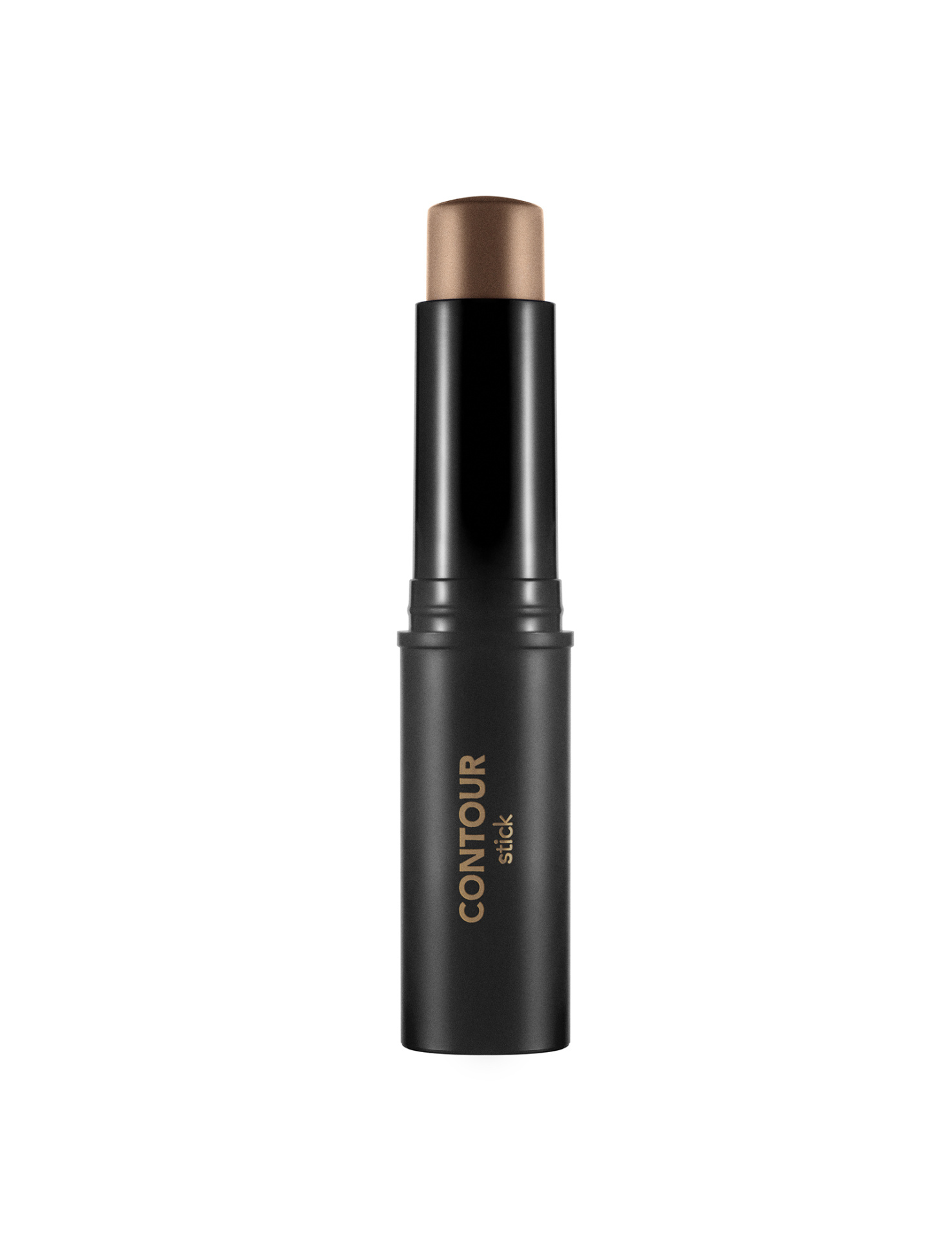 Bastão de maquilhagem bronze em embalagem preta com texto dourado