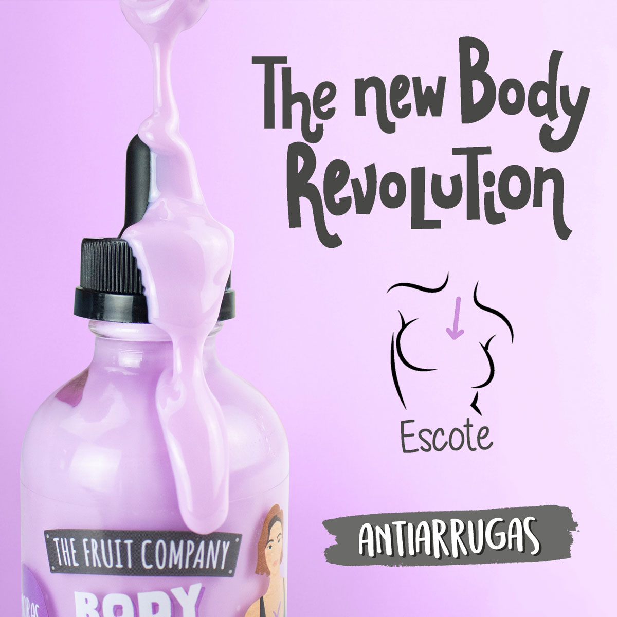 Frasco de produto corporal antiarrugas com líquido rosa escorrendo e texto promocional em fundo rosa