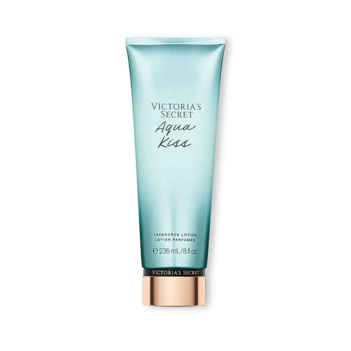 Frasco azul esverdeado com tampa dourada de loção perfumada Victorias Secret Aqua Kiss