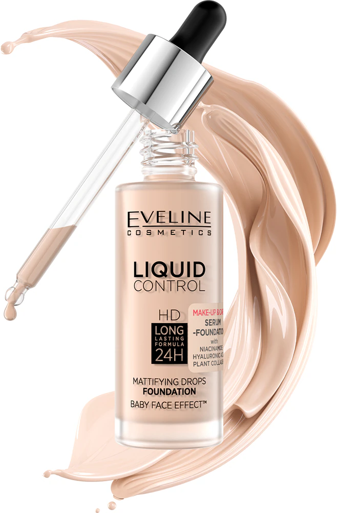 Frasco de base líquida Eveline Cosmetics com conta-gotas e traços de base ao redor