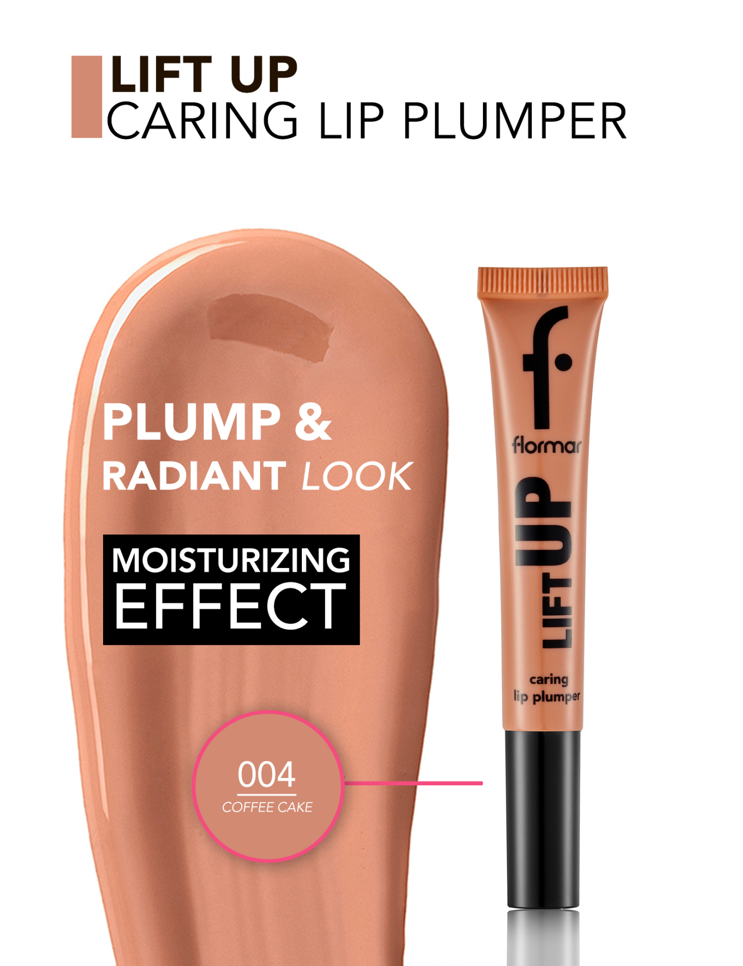Tubo de gloss labial Lift Up Flormar na cor Coffee Cake com amostra do produto