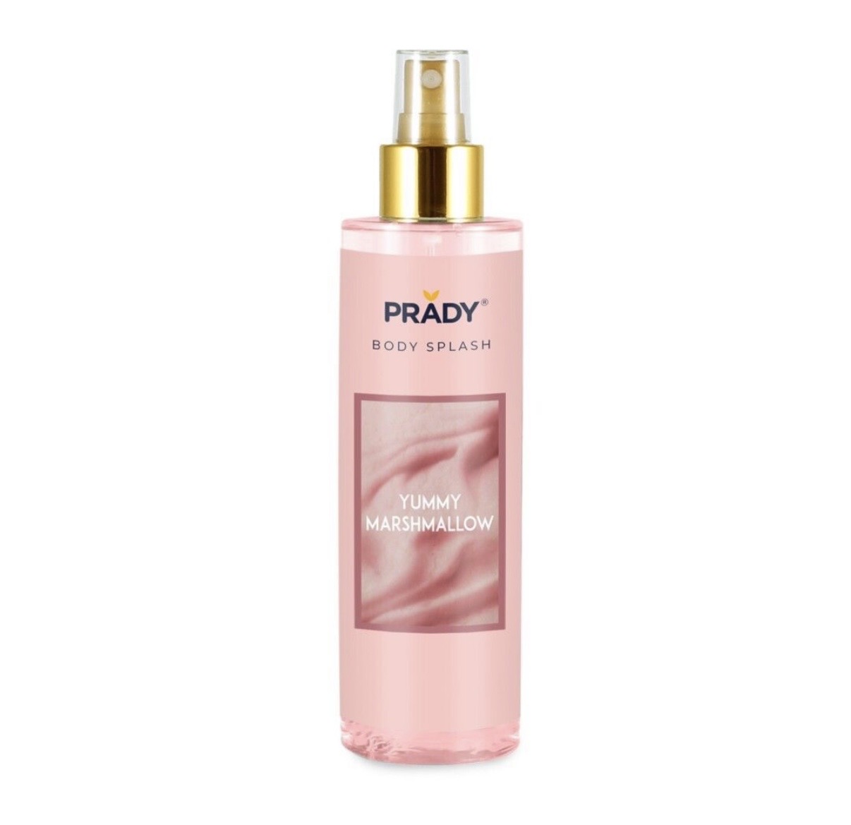 Frasco spray rosa com tampa dourada e texto PRADY BODY SPLASH YUMMY MARSHMALLOW