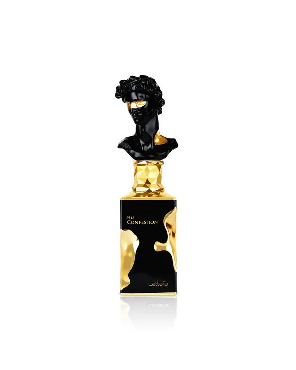 Frasco de perfume com busto escultural preto e detalhes dourados