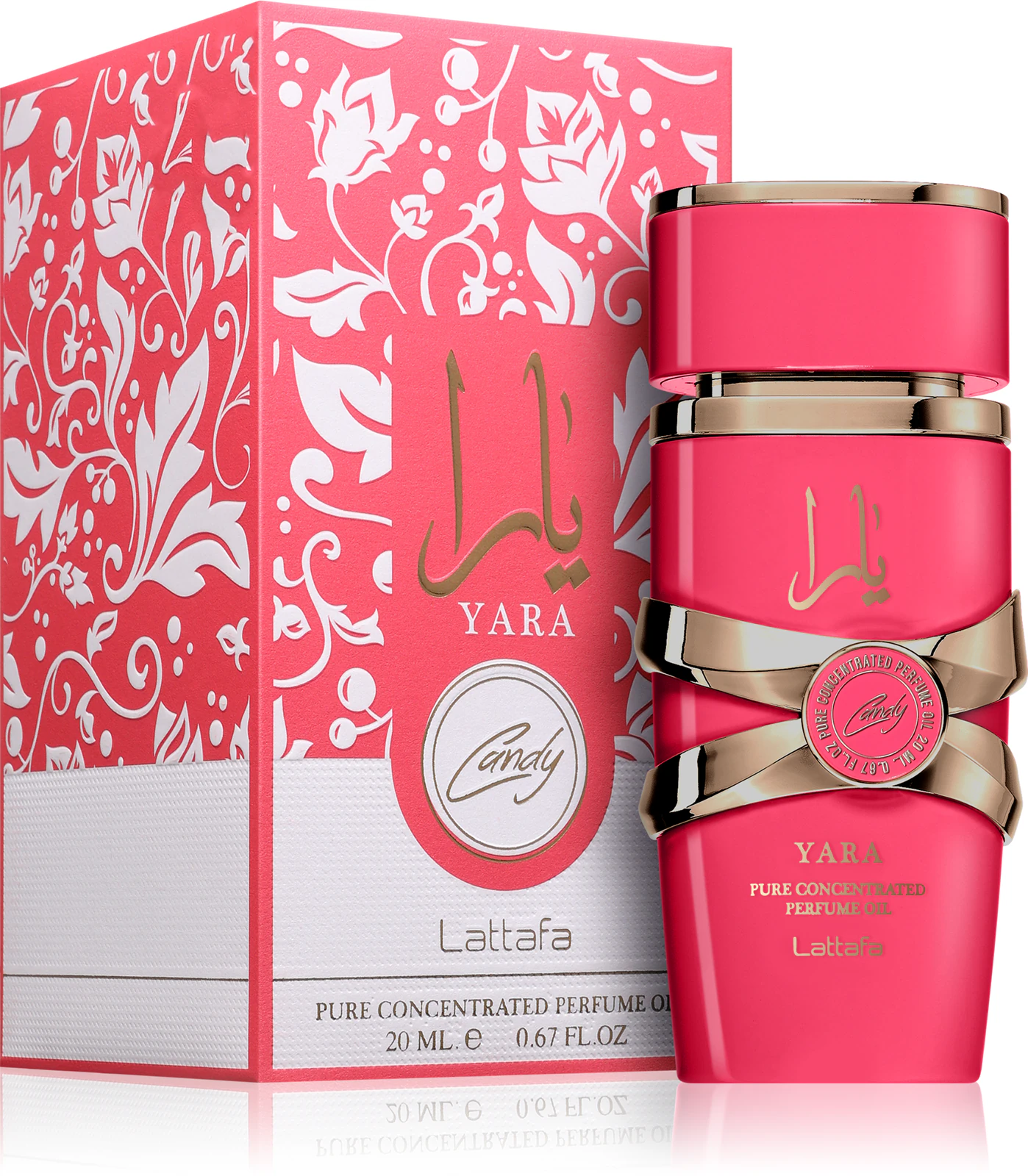 Frasco rosa de perfume Yara com caixa decorada em padrões florais brancos